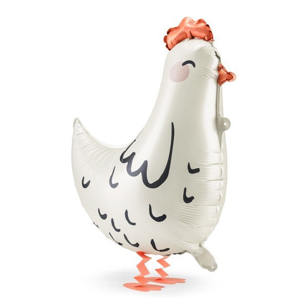 Inflatable chicken-shaped balloon on a white background