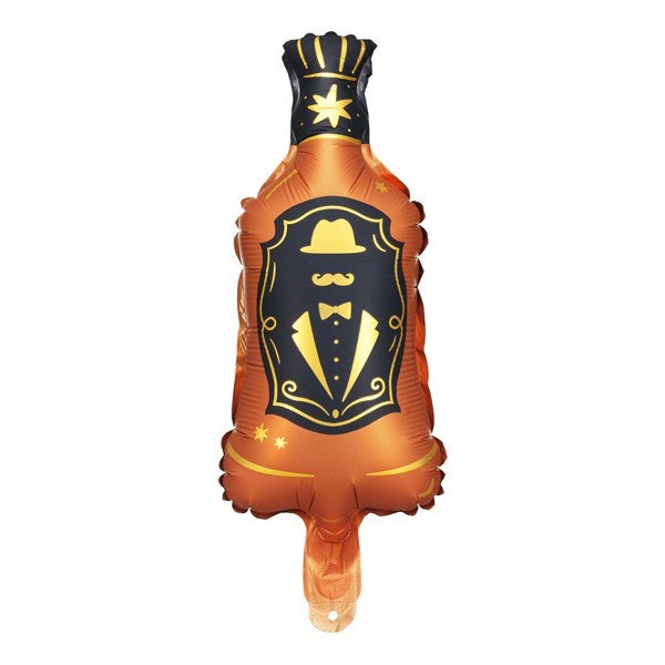 Decorative balloon shaped like a bottle with a tuxedo design on a white background