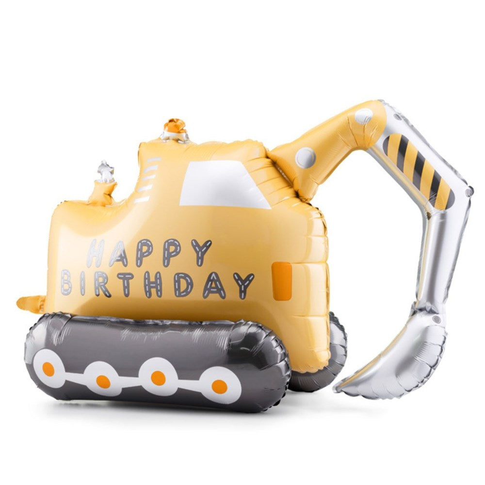 Inflatable construction vehicle balloon with 'Happy Birthday' text on a white background