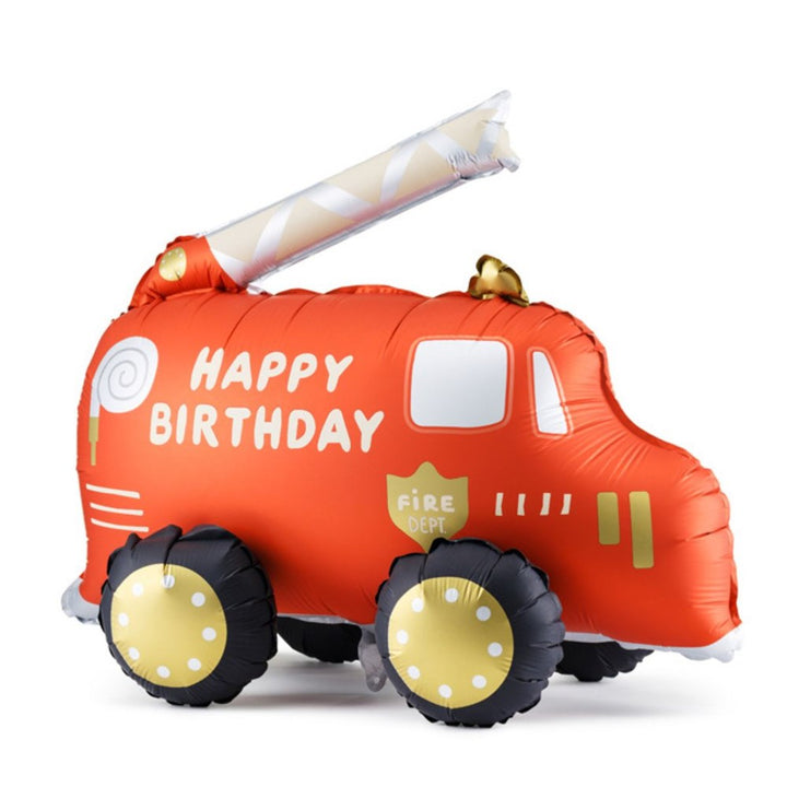 Inflatable fire truck shaped like a balloon with 'Happy Birthday' text on a white background