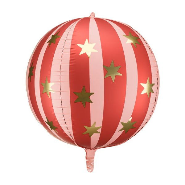 Red and white striped balloon with gold stars on a white background