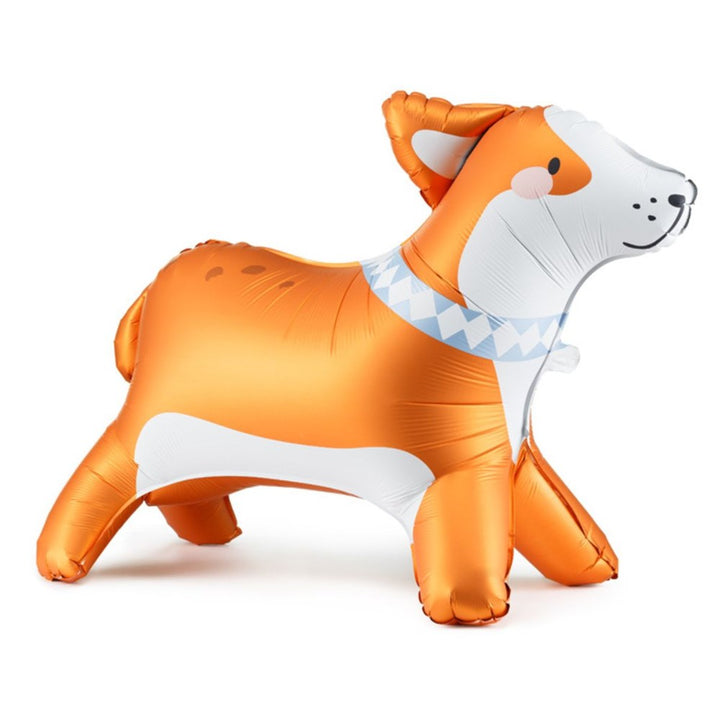 Inflatable dog-shaped balloon with a white face and blue collar on a white background