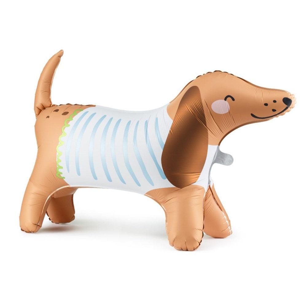 Inflatable dachshund dog toy with a striped shirt on a white background
