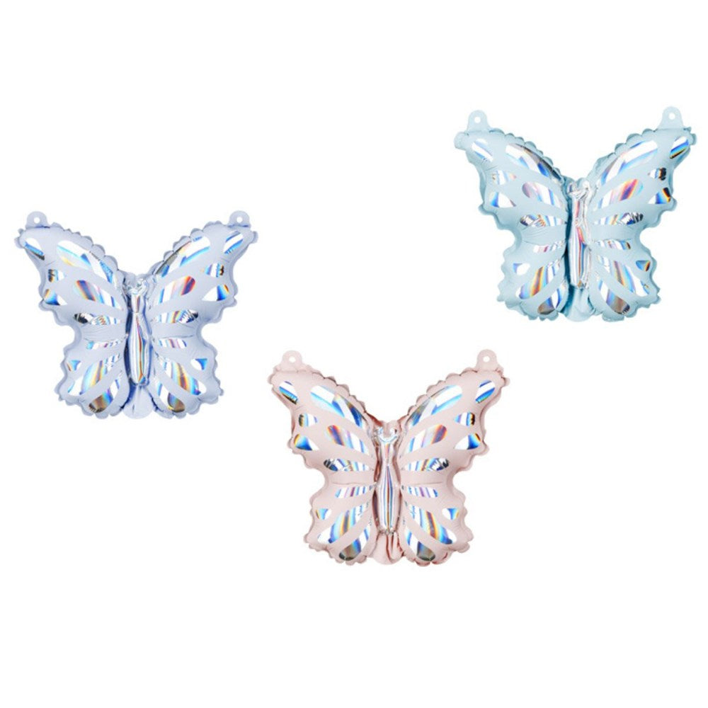 Three butterfly-shaped balloons in iridescent colors on a white background