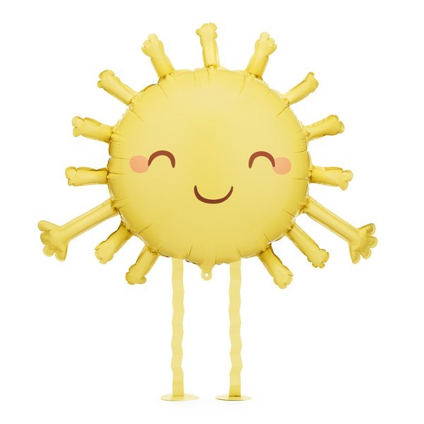 Yellow balloon shaped like a sun with a face on a white background