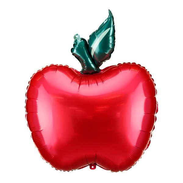 Red apple-shaped balloon with a green leaf on a white background