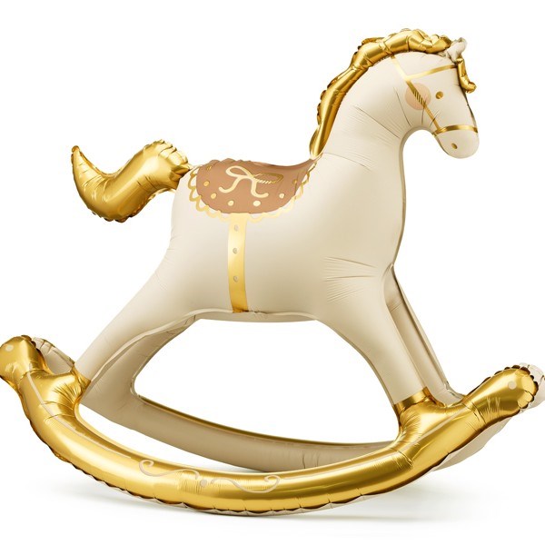 Decorative rocking horse balloon with gold accents on a white background