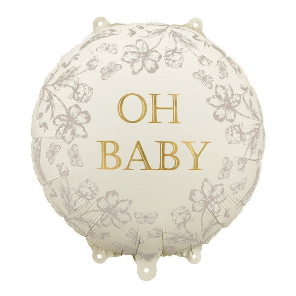 Round balloon with floral patterns and 'OH BABY' text on a white background