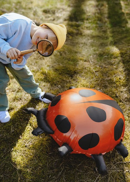 Child with an inflatable ladybug balloon outdoors