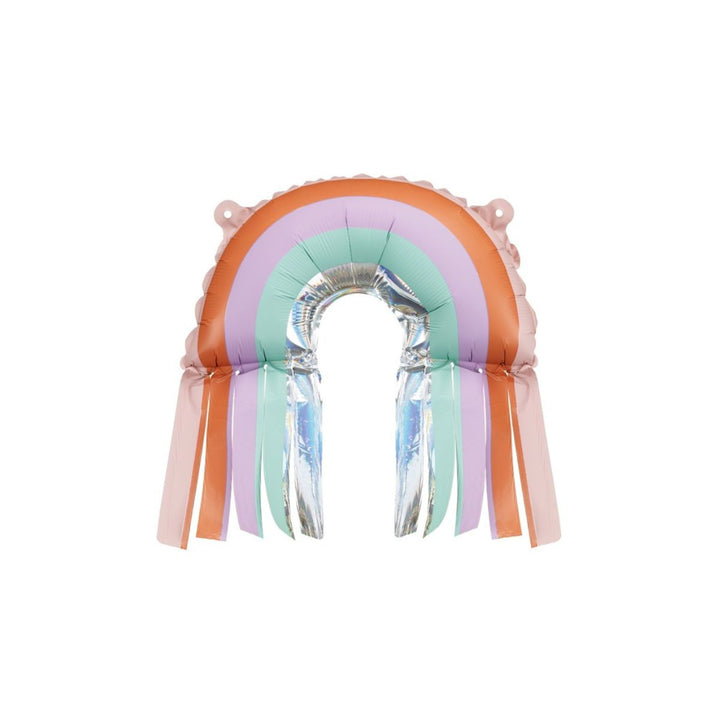Decorative rainbow-shaped balloon with tassels on a white background