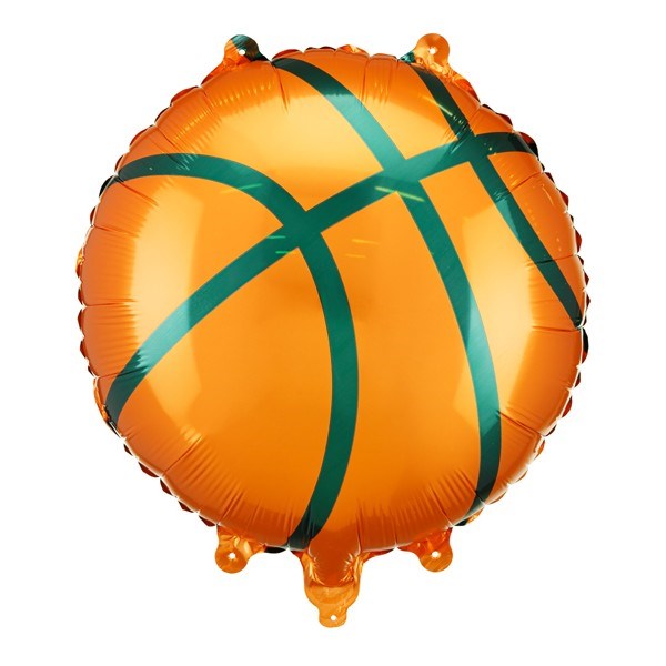 Basketball-shaped balloon with green straps on a white background