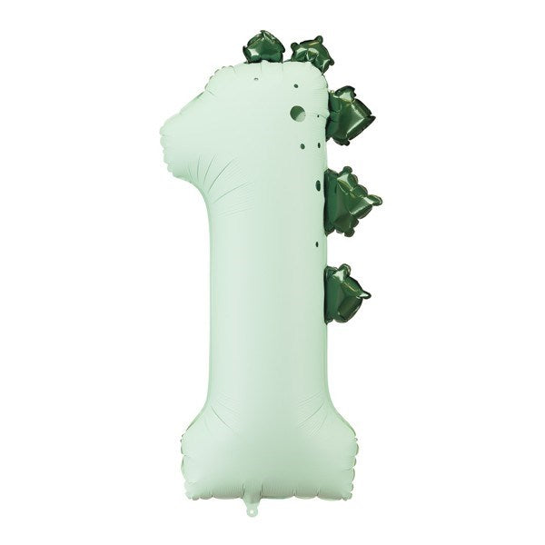 Inflatable number '1' with green dinosaur figures on a white background