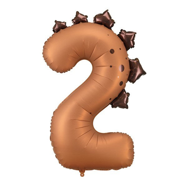 Bronze number 2 balloon with dinosaur shaped foil on a white background