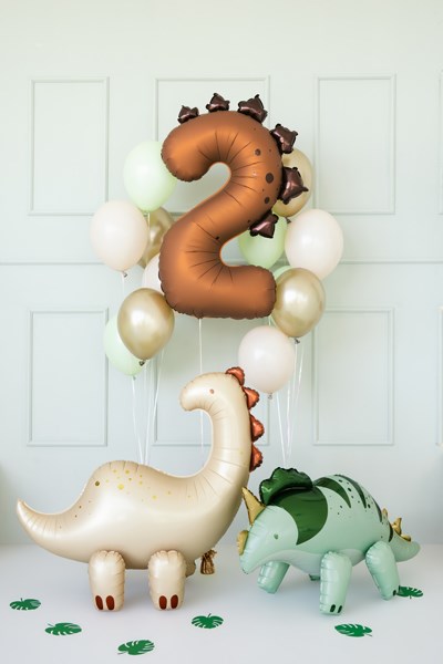 Dinosaur-shaped balloons with a number 2 on a white background
