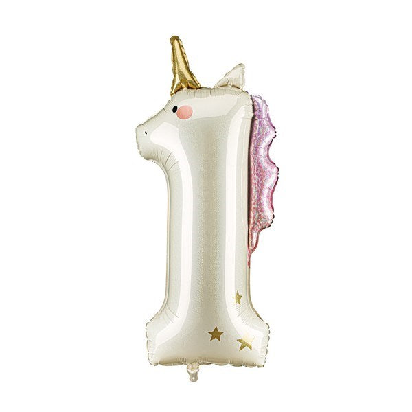 Unicorn-shaped balloon with gold horn and stars on a white background