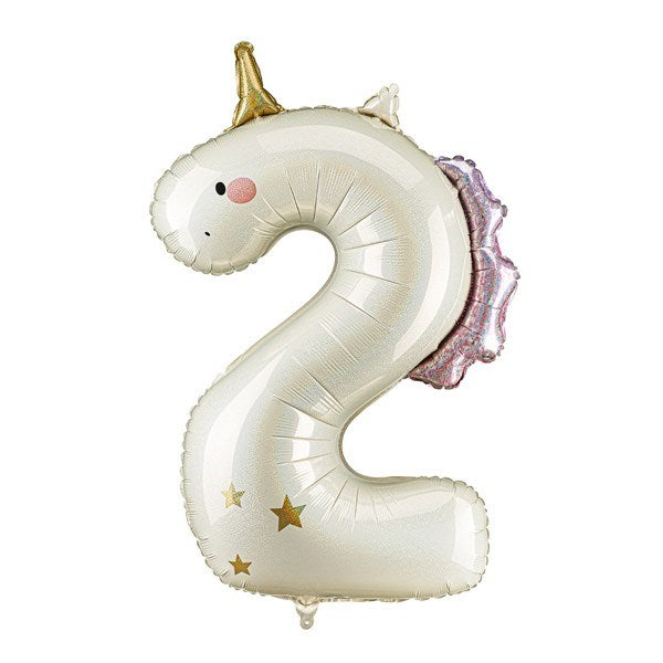 Unicorn-shaped number 2 balloon on a white background