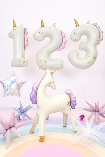 Unicorn-shaped number balloons spelling '123' with decorative stars on a colorful background