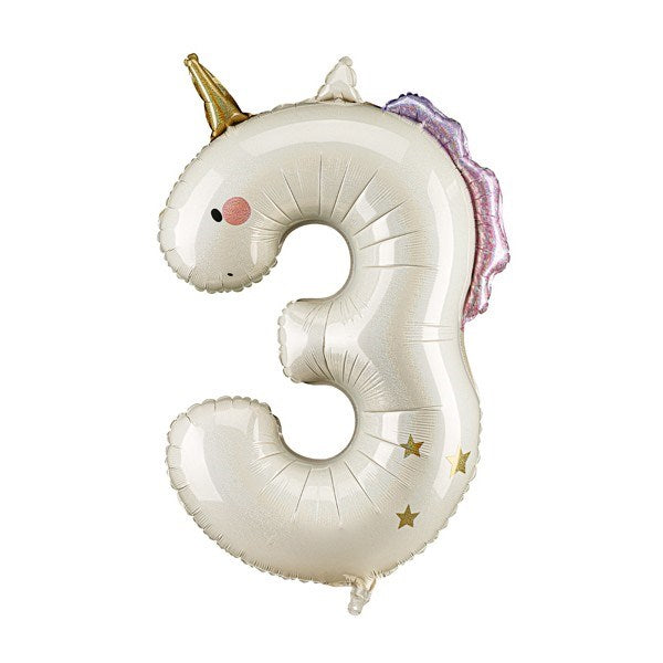 Unicorn-shaped number 3 balloon on a white background