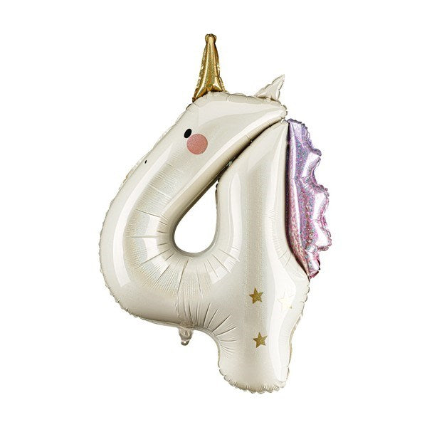 Unicorn-shaped balloon with a gold horn and pink mane on a white background
