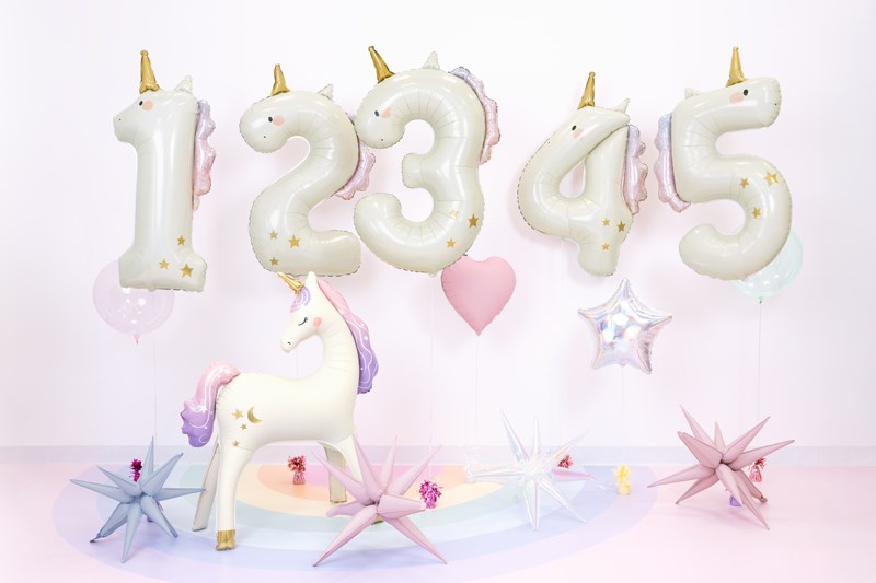 Unicorn-shaped number balloons  on a light pink background
