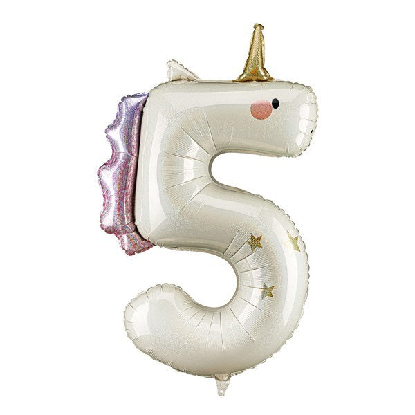 Unicorn-shaped number 5 balloon on a white background