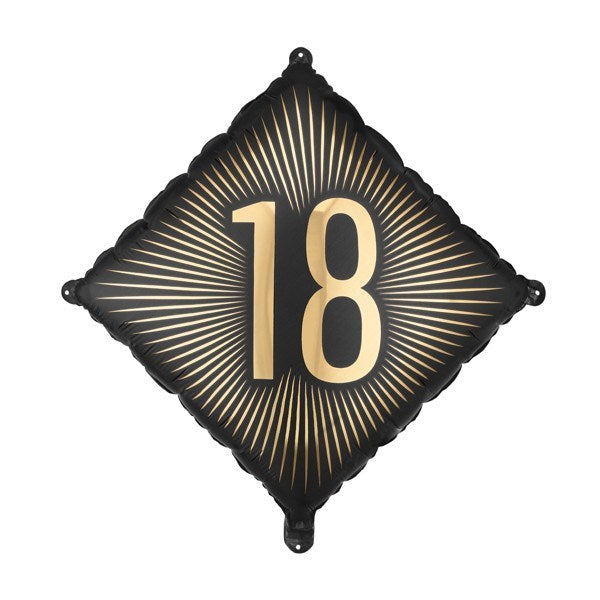 Black and gold balloon with the number 18 on a white background