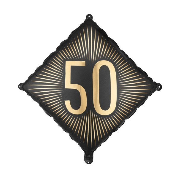 Decorative balloon with gold number 50 on a black background