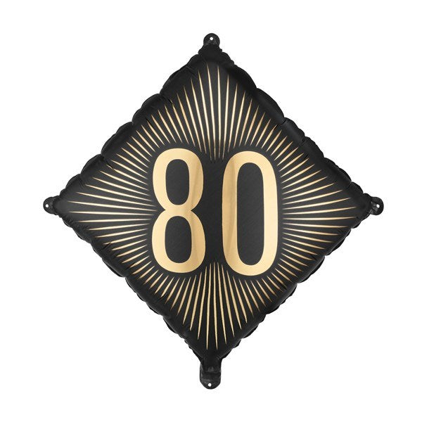 Black and gold balloon with the number 80 on a white background