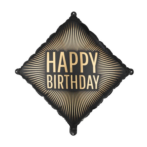 Black and gold 'Happy Birthday' balloon on a white background