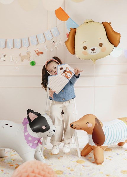 Child holding a book with animal-themed balloons in a room decorated with animal flags.