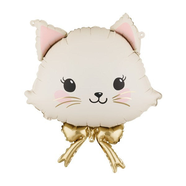 Cat-shaped balloon with pink ears and a gold bow on a white background