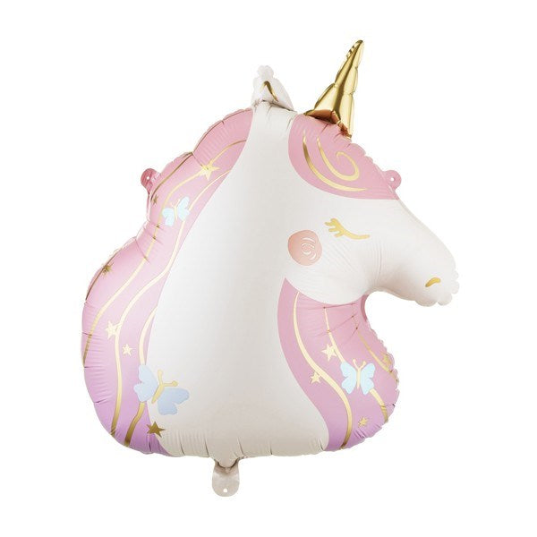 Unicorn-shaped balloon with pink and gold accents on a white background