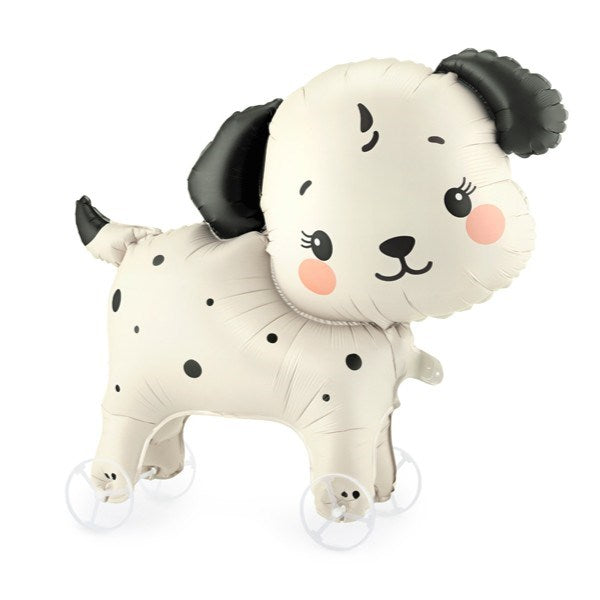 Dog-shaped balloon with black spots on a white background