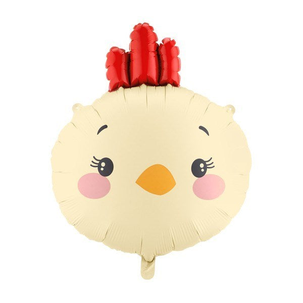 Balloon shaped like a cartoon chick with a red bow on a white background