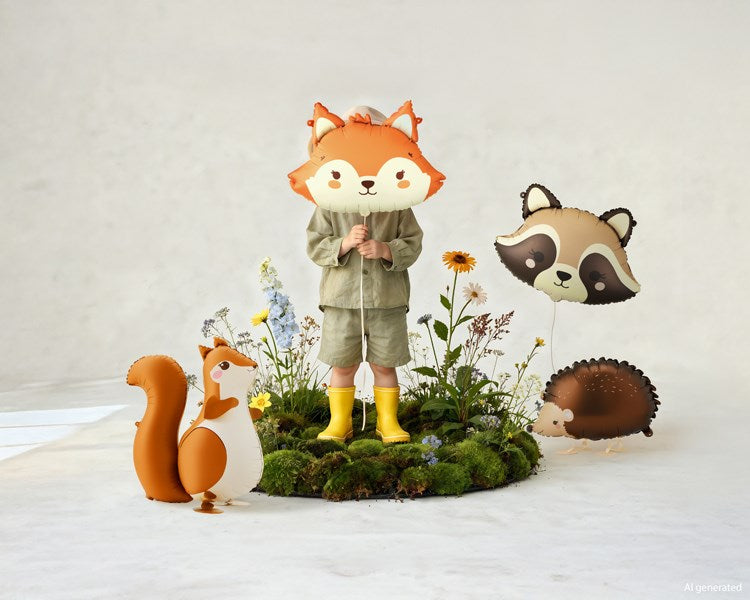 Child in raincoat with animal-shaped balloons and decorations on a white background