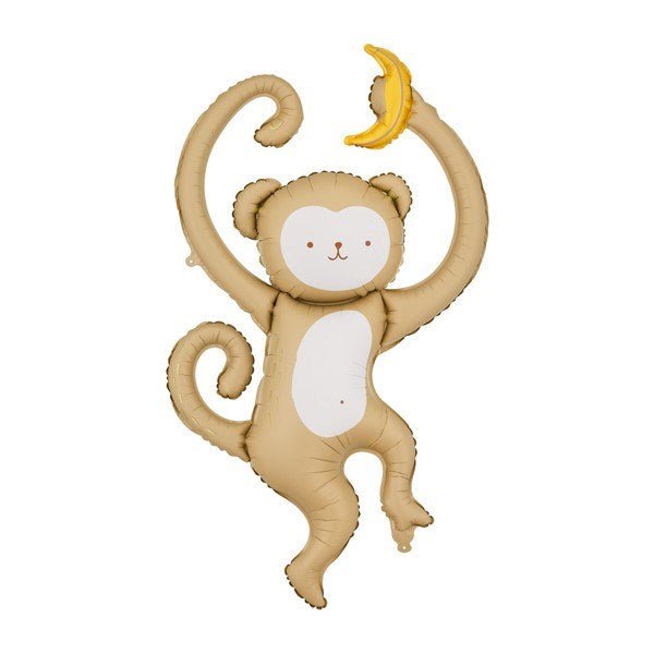 Inflatable monkey balloon with a banana on a white background