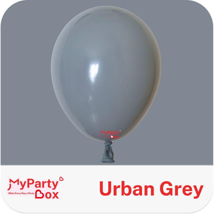 A single inflated balloon in a light warm gray shade labeled 'Urban Grey' on a gray background, with the MyPartyDox logo and text at the bottom.