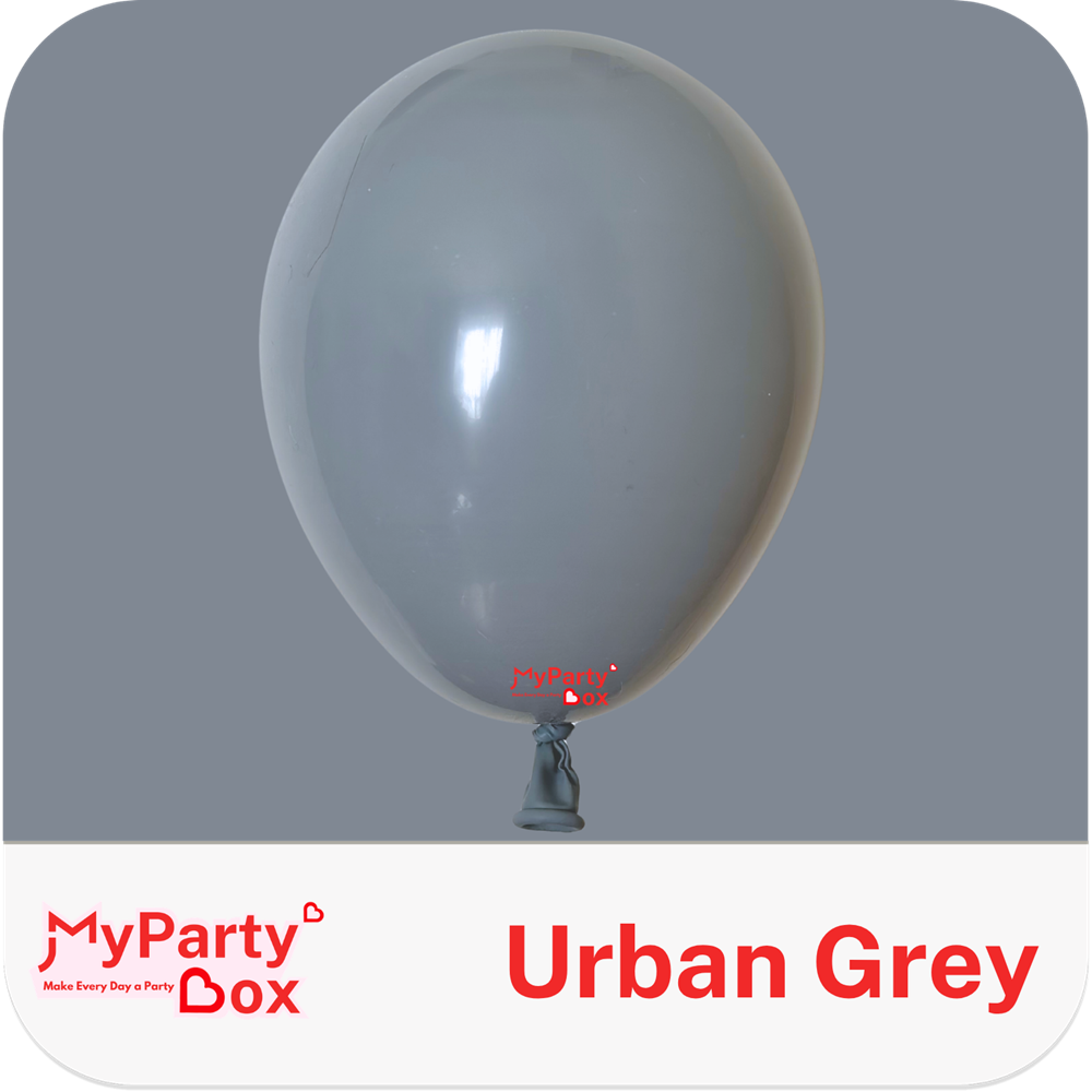 A single inflated balloon in a light warm gray shade labeled 'Urban Grey' on a gray background, with the MyPartyDox logo and text at the bottom.