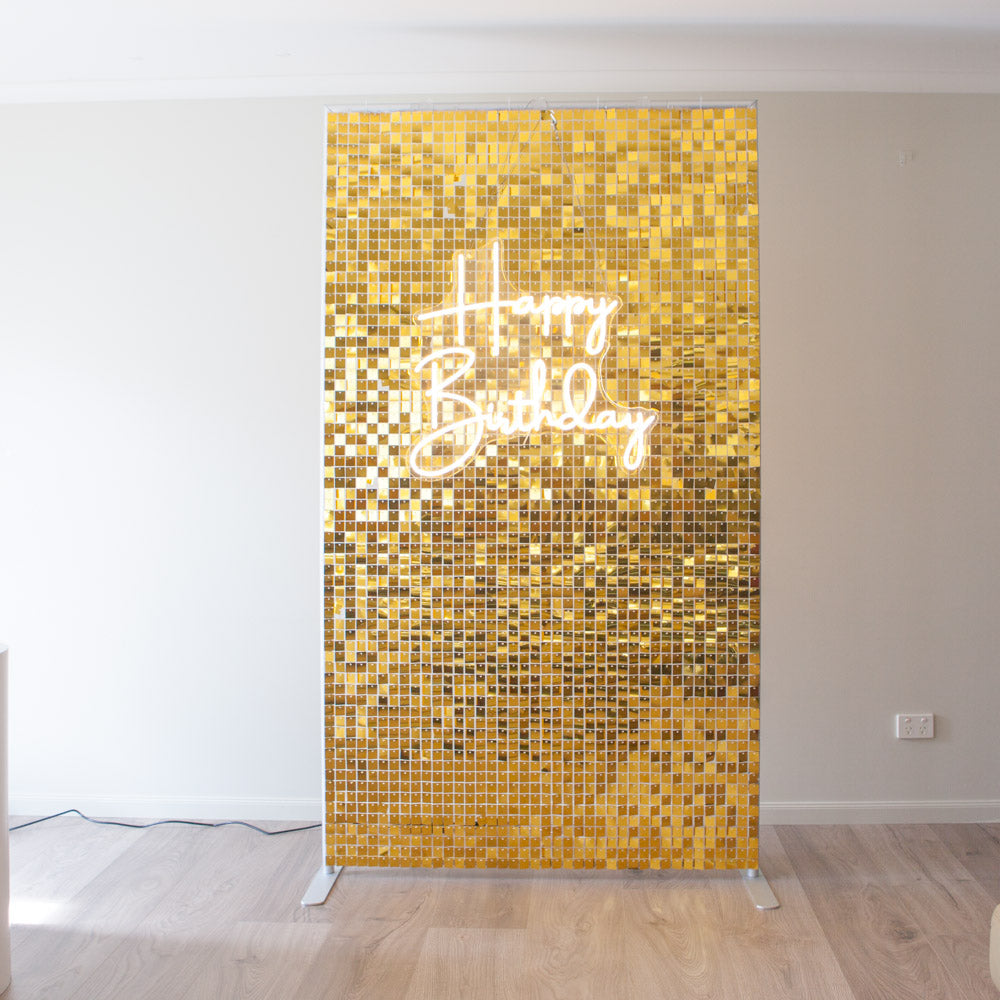 Gold Shimmer Wall with Happy Birthday Neon Light