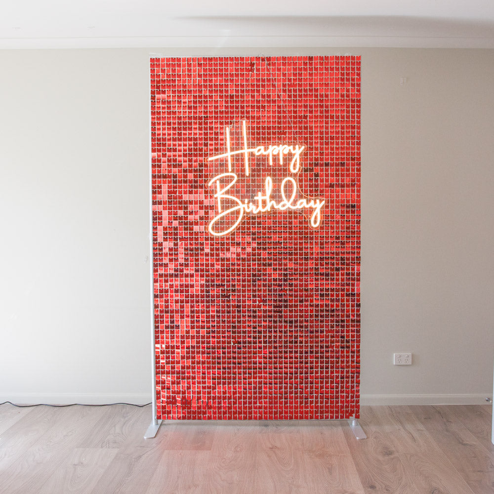 Red Shimmer Wall with Happy Birthday Neon Light