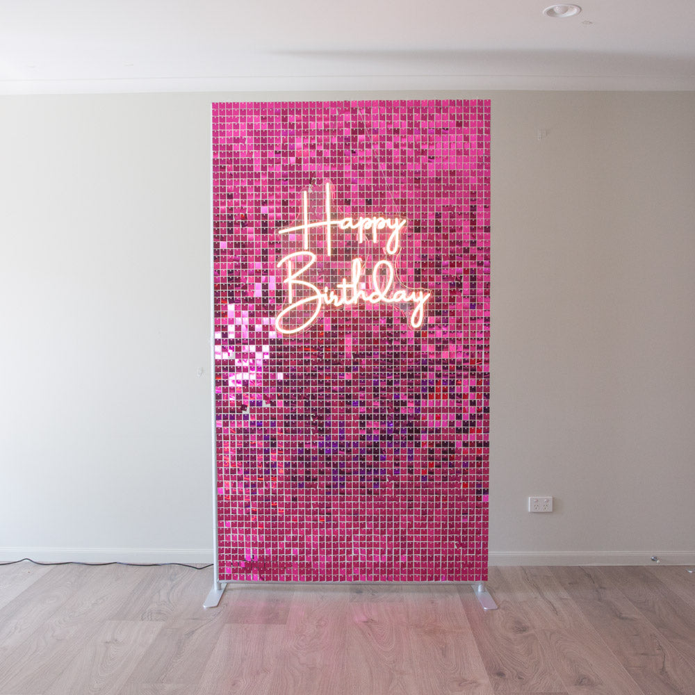 Hot Pink Shimmer Wall with Happy Birthday Neon Light