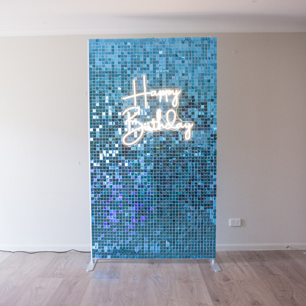 Sky Blue Shimmer Wall with Happy Birthday Neon Light