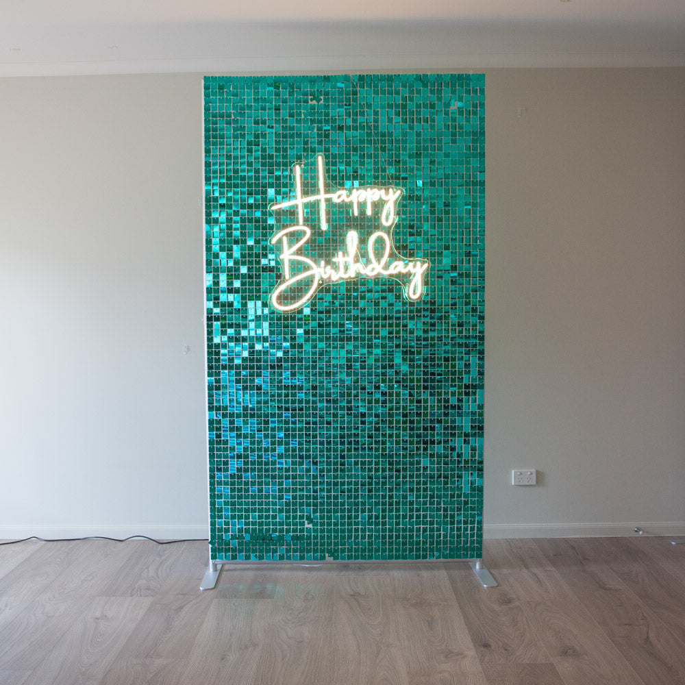 Green Shimmer Wall with Happy Birthday Neon Light