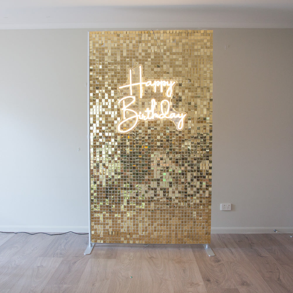 Light Gold Shimmer Wall with Happy Birthday Neon Light