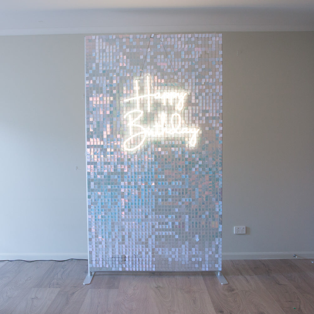 Iridescent Shimmer Wall with Happy Birthday Neon Light