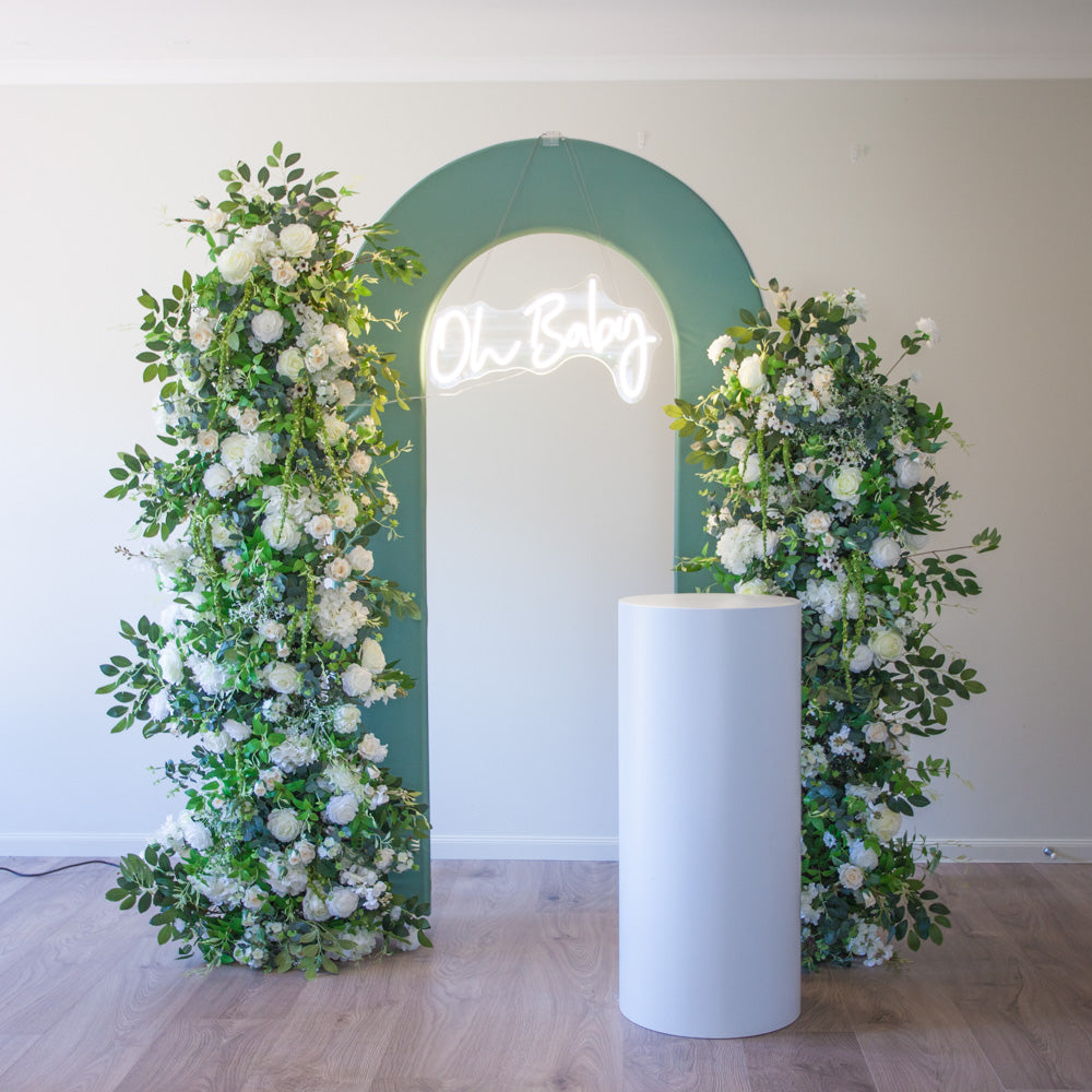 Eucalyptus open door arch with flower arrangement