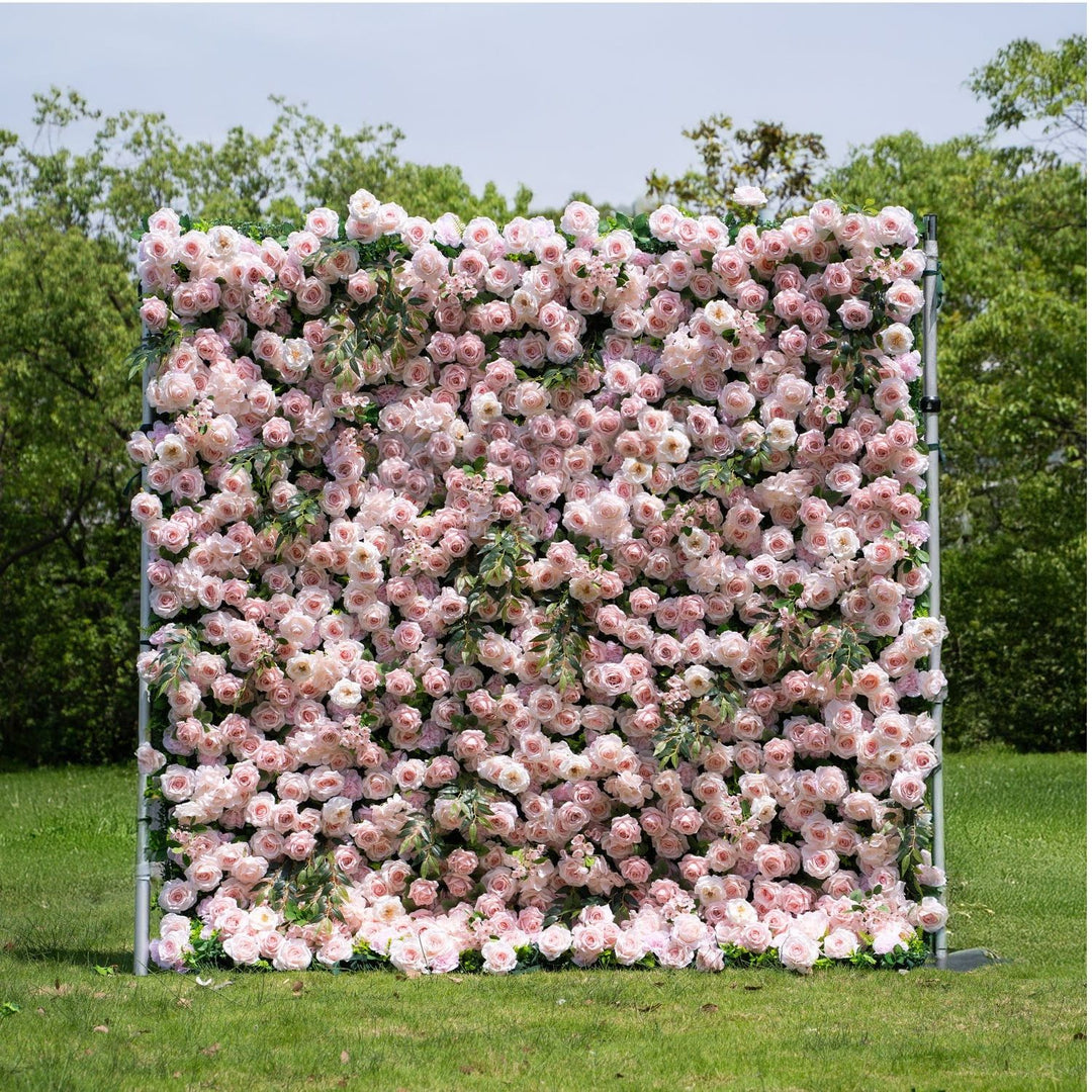 Floral wall with pink flowers in an outdoor setting