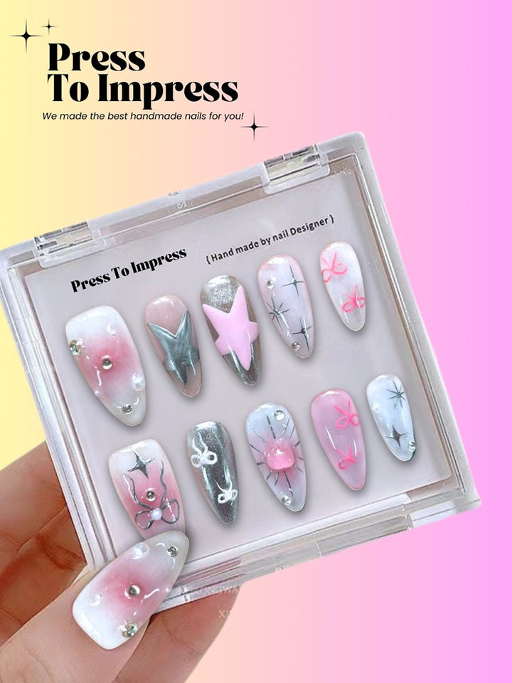 Pinky Star 3D Almond Handmade Press on Nails