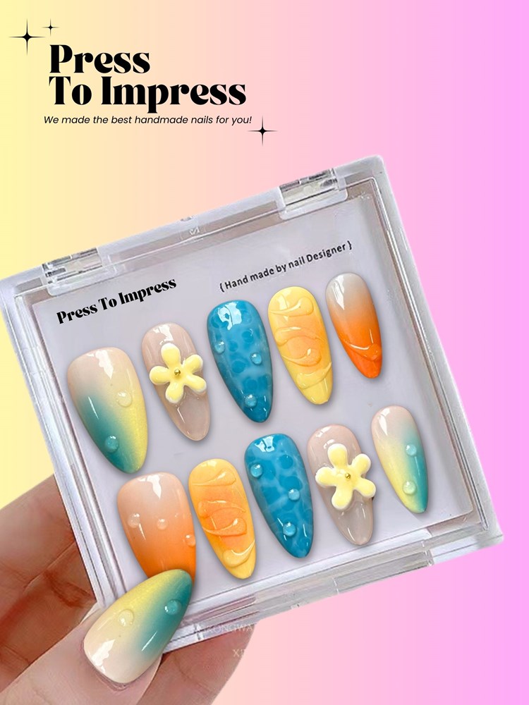 Tropical Breeze 3D Handmade Almond  Press-On Nails