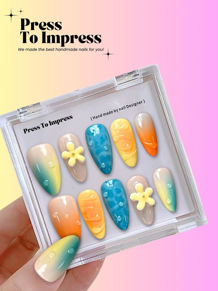 Tropical Breeze 3D Handmade Almond  Press-On Nails